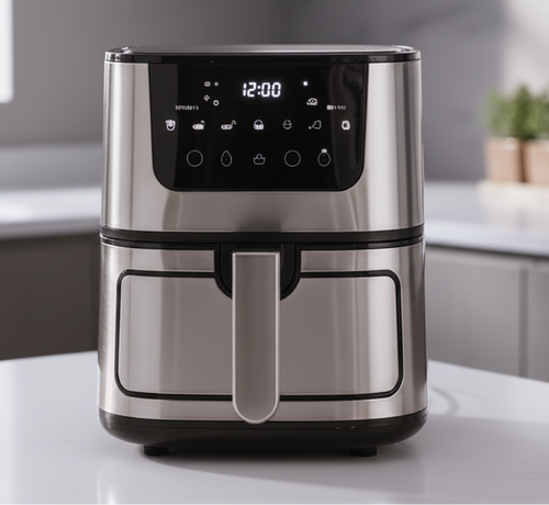 A digital air fryer in a metallic silver and black finish, shown against a plain white background.