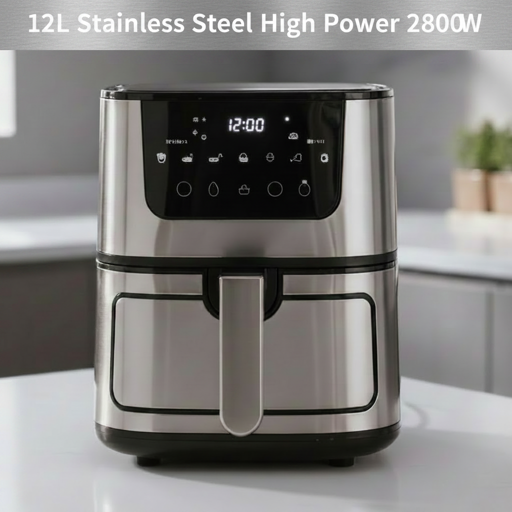 A 12L stainless steel high-power air fryer with a digital control panel, shown on a white countertop in a blurred kitchen setting. Text at the top reads '12L Stainless Steel High Power 2800W'.