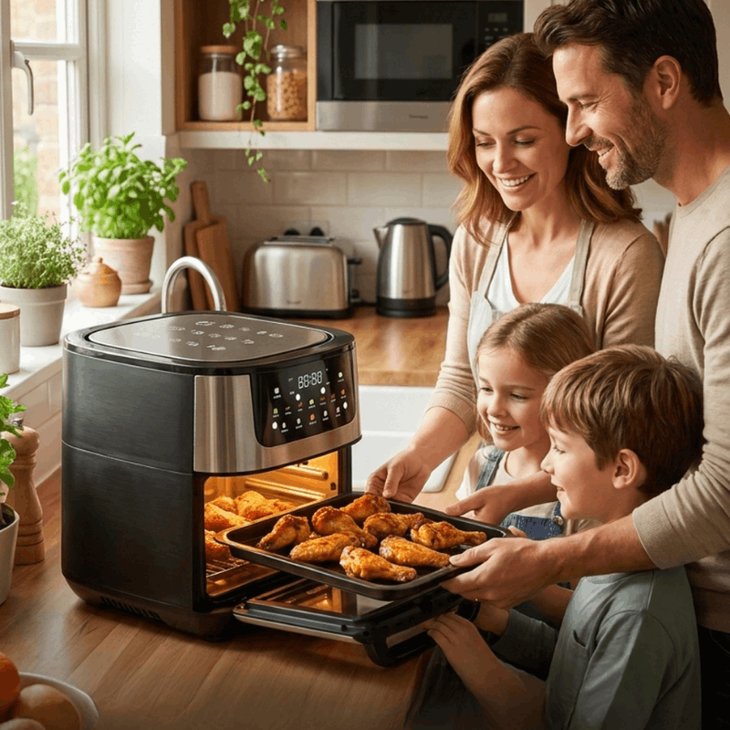 A family of four gathers around a countertop air fryer in a bright, modern kitchen. The black and stainless steel air fryer is open, showing golden-brown chicken wings inside, while the family holds a tray of wings and smiles happily.