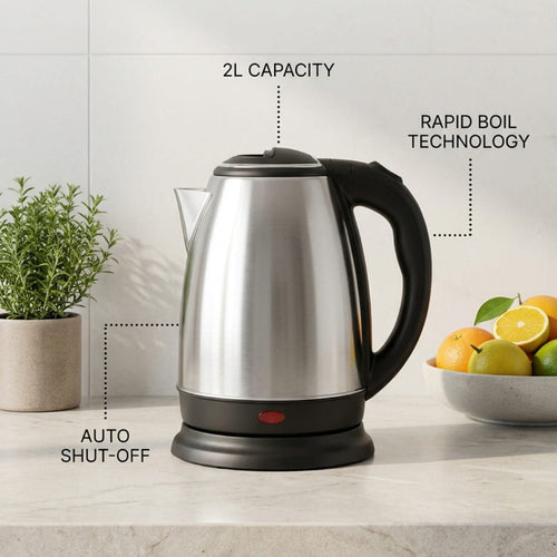Stainless steel 2L electric kettle by NOVA with a sleek design, placed on a kitchen countertop, ready for boiling water.