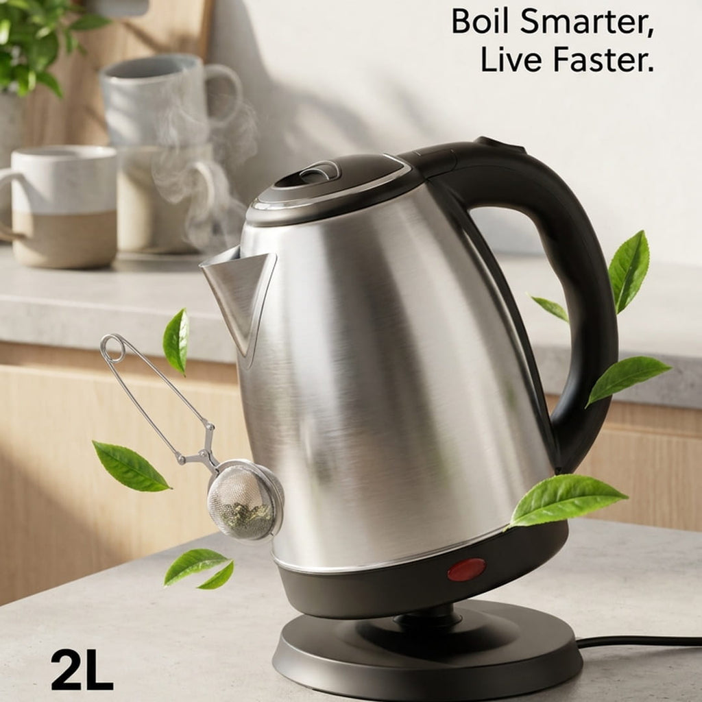 A stainless steel electric kettle with a black handle and base, shown on a countertop in a kitchen setting with text overlays highlighting its 2L capacity, rapid boil tech, and stainless steel construction.