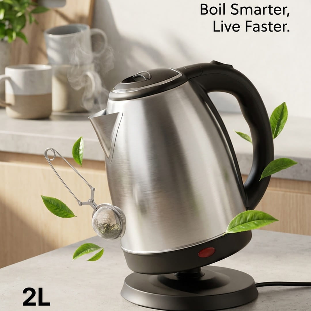 A stainless steel electric kettle with a black handle and base, shown on a countertop in a kitchen setting with text overlays highlighting its 2L capacity, rapid boil tech, and stainless steel construction.