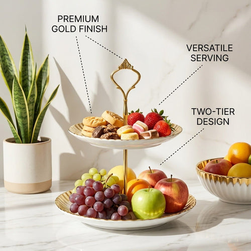 A two-tier gold serving tray styled with fruit and snacks on a marble surface, surrounded by a potted plant and a bowl of oranges. Text overlays highlight features like premium gold finish, versatile serving, and two-tier design.