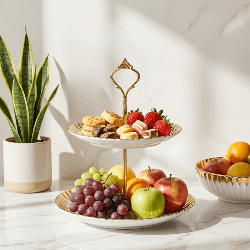 2 Tier Gold Platted Round Dinnerware Fruits Sweets Snacks