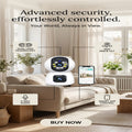 A white and black security camera is shown in a modern living room setting, with a smartphone displaying the app interface beside it. Text overlays highlight features such as dual lens technology, 360-degree pan and tilt, 2-way audio, and smart app control.