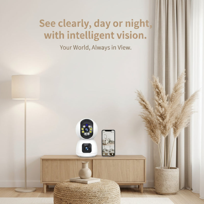 A white smart security camera and a smartphone displaying its app are shown on a light wood console in a styled living room. Text at the top reads, 'See clearly, day or night, with intelligent vision.
