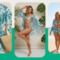 A three-panel collage showing a woman modeling a teal and white tropical floral print bikini set with a matching sheer cover-up, alongside a close-up of the fabric print and a beach scene. The panels are arranged on a white background with a teal border.