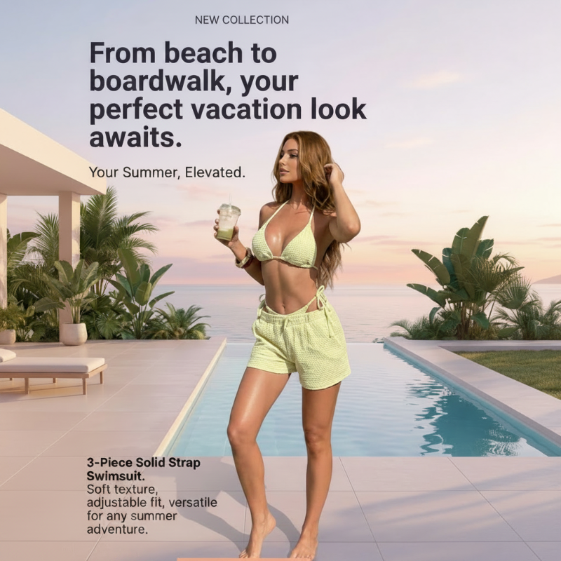 3 Piece Solid Short Strap Swimsuit for Women