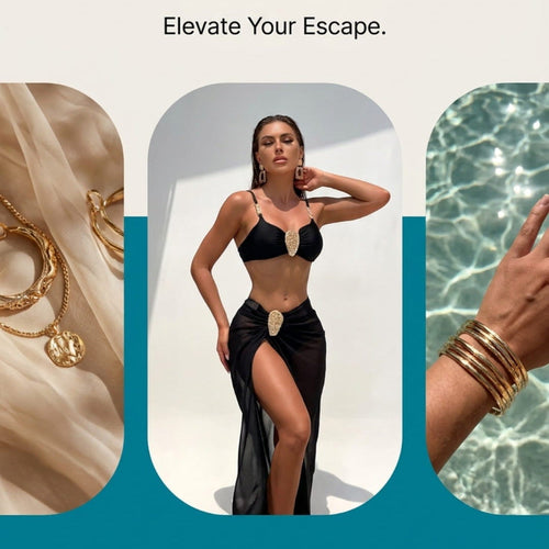 Promotional graphic for a swimwear collection with text reading 'Embrace your inner goddess with a look that commands attention' and 'Elevate Your Escape.' A central photo shows a woman wearing a black bikini with gold trim and a high slit.