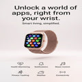 Smartwatch with colorful app icons on a light gray background, featuring text about app access and smart living.