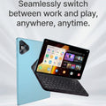 A promotional graphic for a tablet with a black keyboard case and a light blue folio-style back cover, shown on a white-to-light-gray gradient background with marketing text and feature icons.