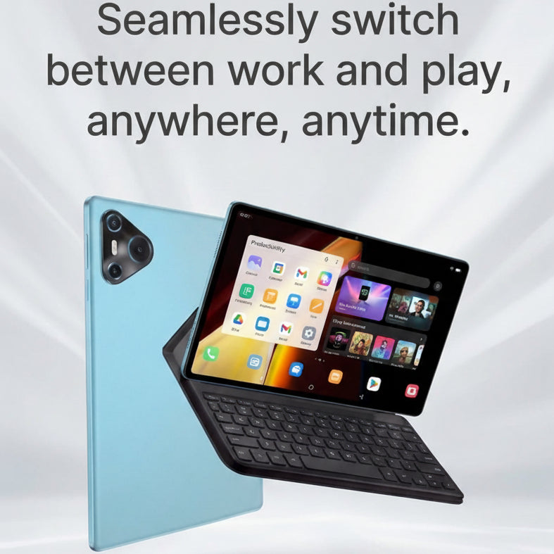 A promotional graphic for a tablet with a black keyboard case and a light blue folio-style back cover, shown on a white-to-light-gray gradient background with marketing text and feature icons.
