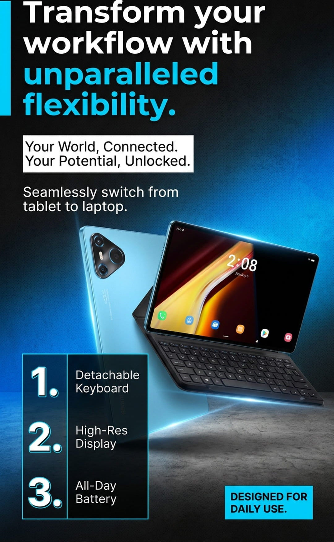 Promotional graphic for a detachable tablet keyboard setup, showing a blue tablet with a black keyboard case at an angle on a dark blue background. Large text reads 'Transform your workflow with unparalleled flexibility.