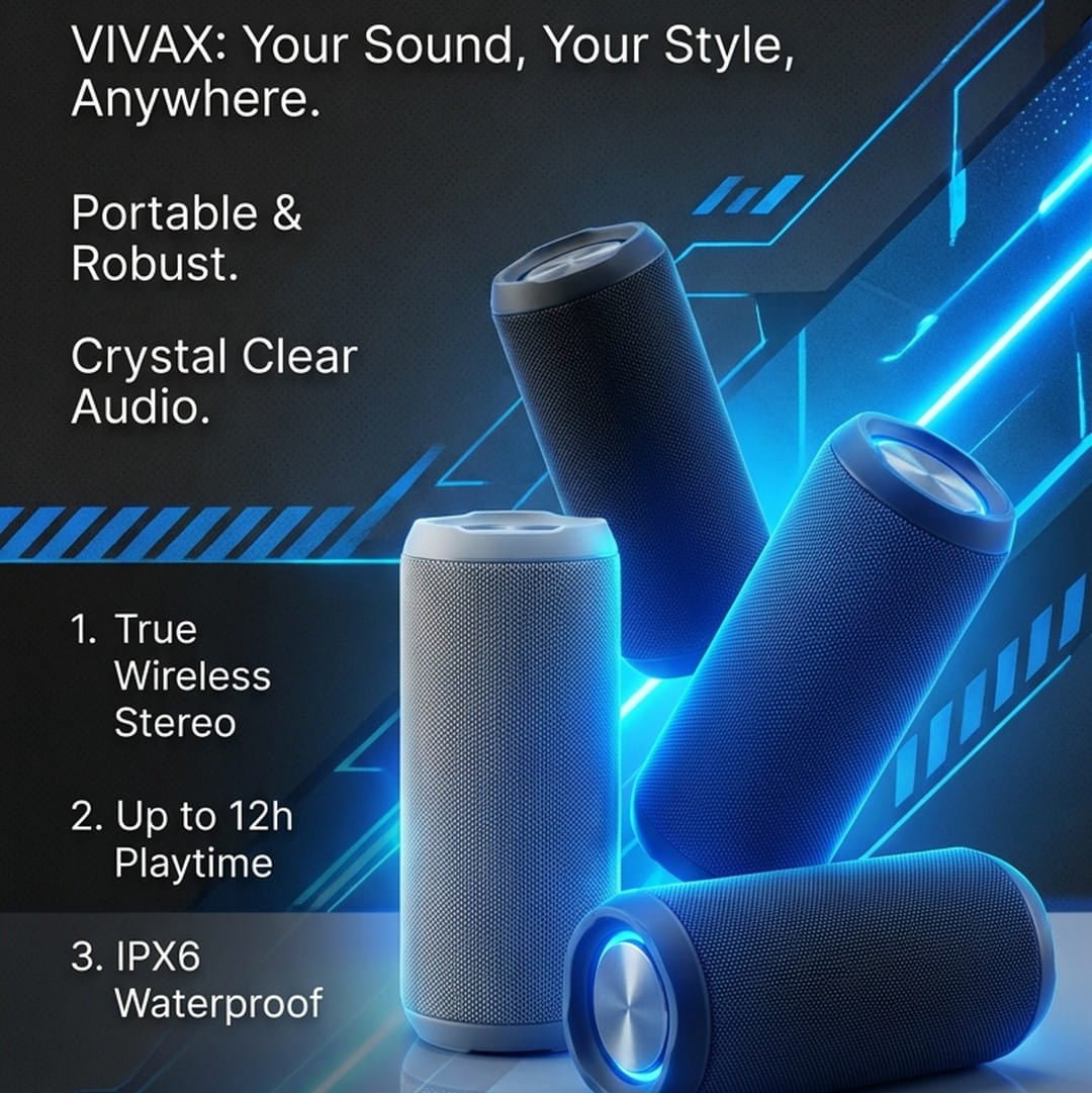 Three portable cylindrical Bluetooth speakers shown on a dark blue and black promotional background with glowing blue light effects and marketing text. Visible text includes 'VIVAX: Your Sound, Your Style, Anywhere.