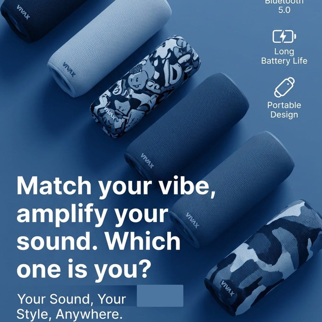 A promotional graphic showing multiple portable Bluetooth speaker cubes arranged diagonally on a blue background, with feature callouts for Bluetooth 5.0, long battery life, portable design, stereo pairing, waterproof IPX7, and rich bass.