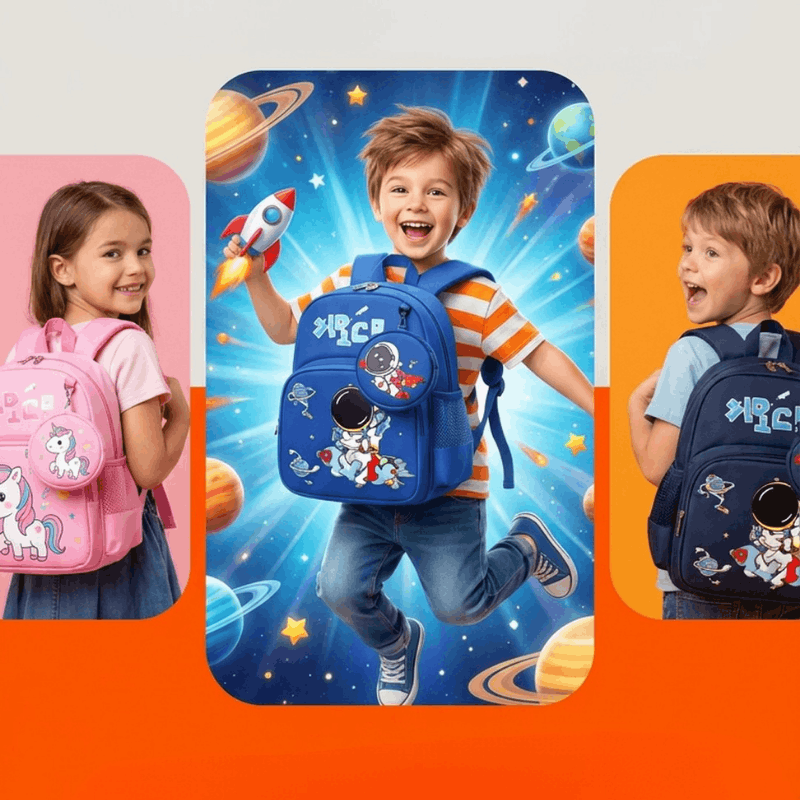 Colorful boys and girls cartoon backpack by NOVA featuring playful character designs, ideal for children's school or travel use.