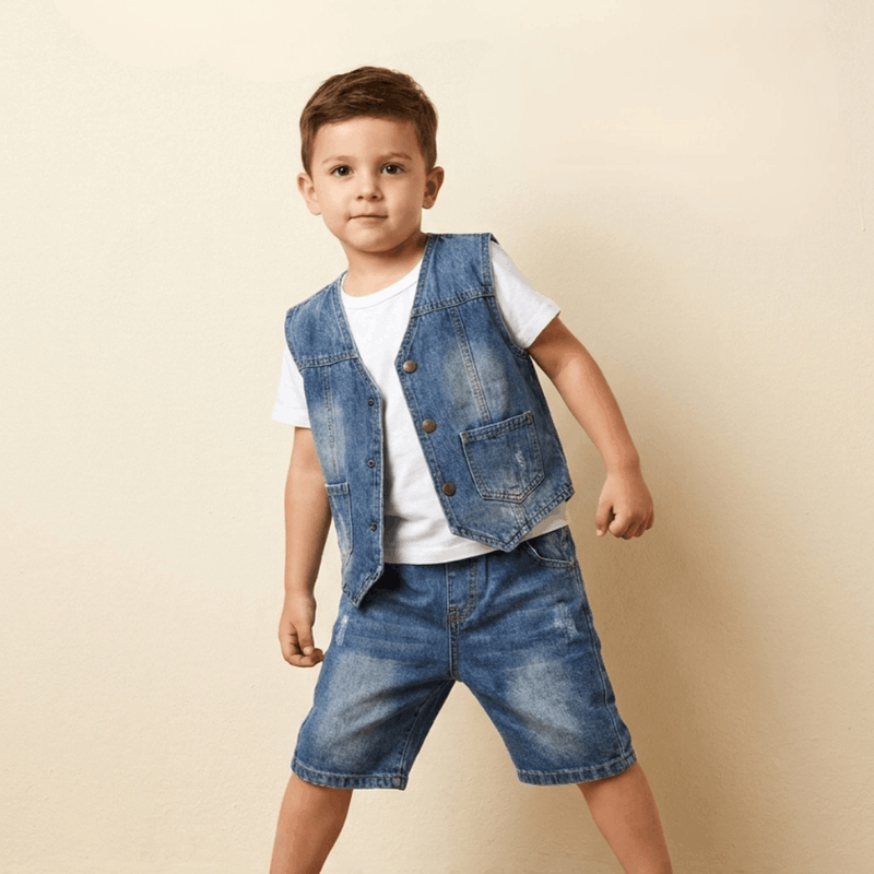 Boy wearing a summer jeans and T-shirt outfit from NOVA for kids aged 3-5 years, showing a casual, comfortable look.