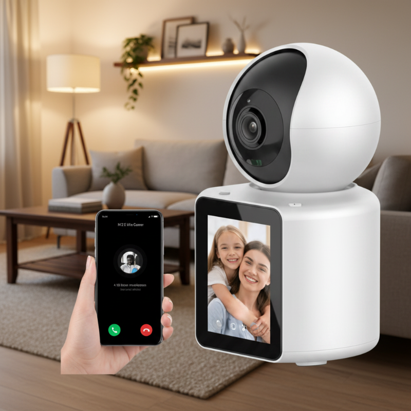A white and black security camera with a small screen showing a baby photo, held next to a smartphone displaying a live feed. The image has a blue '24HR' badge in the top left corner.