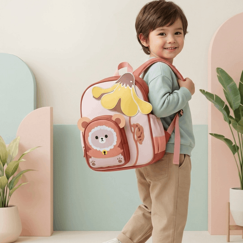 NOVA cartoon bear flower backpack featuring colorful bear and floral design on durable fabric, ideal for kids and school use.