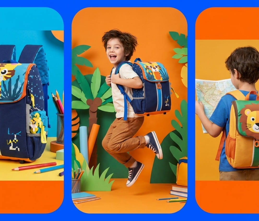 Colorful cartoon kids backpack by NOVA featuring playful animal characters and adjustable straps for young children.