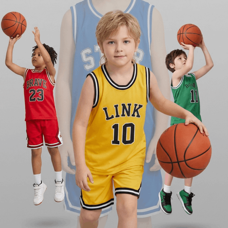 Children's sports clothing set for ages 5-12 by NOVA, featuring a colorful athletic top and matching shorts.