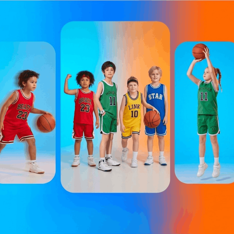 Children's sports clothing set by NOVA for ages 5-12, featuring colorful athletic shirts and shorts for active kids.