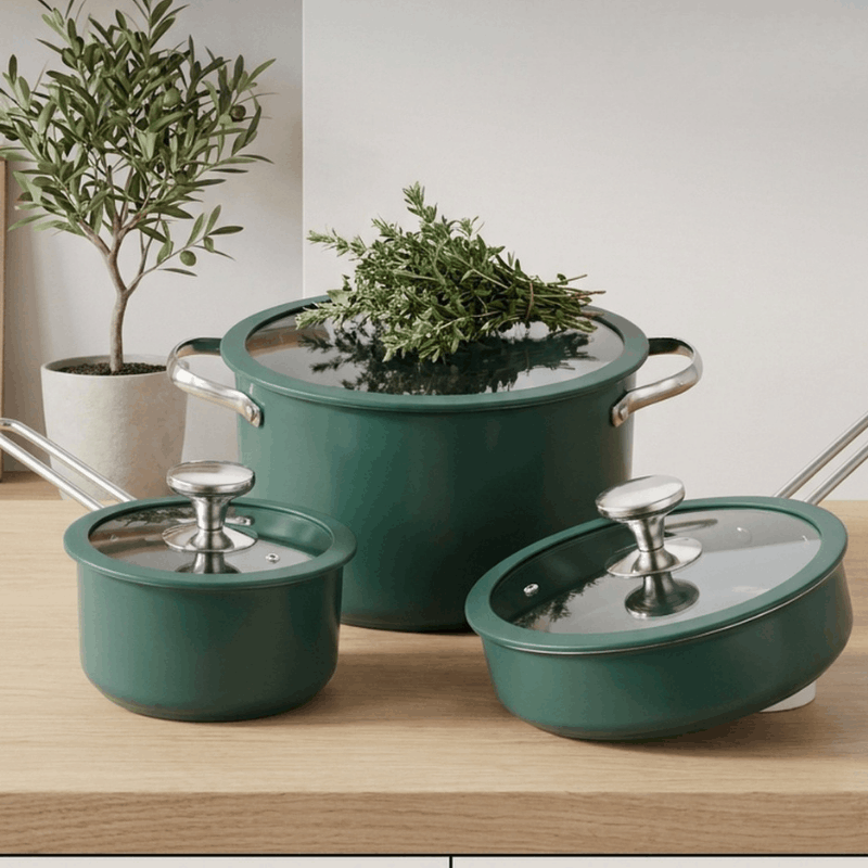 Color ceramic and stainless steel saucepan casserole cookware set with four pieces, ideal for versatile kitchen cooking.