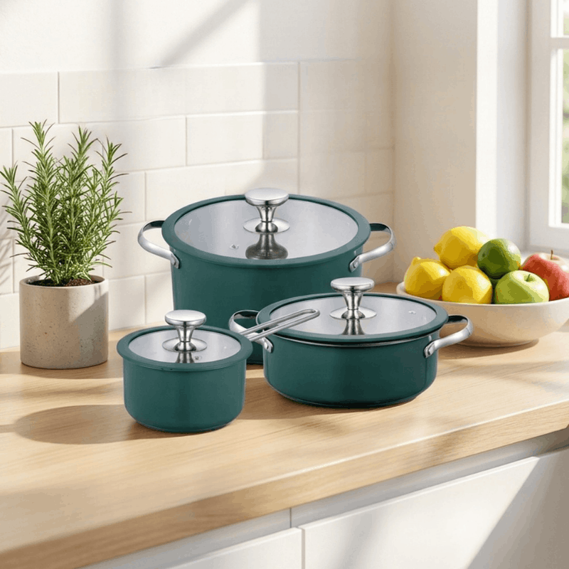 Set of four colorful ceramic stainless steel saucepans and casseroles from NOVA, ideal for versatile kitchen cooking and meal prep.