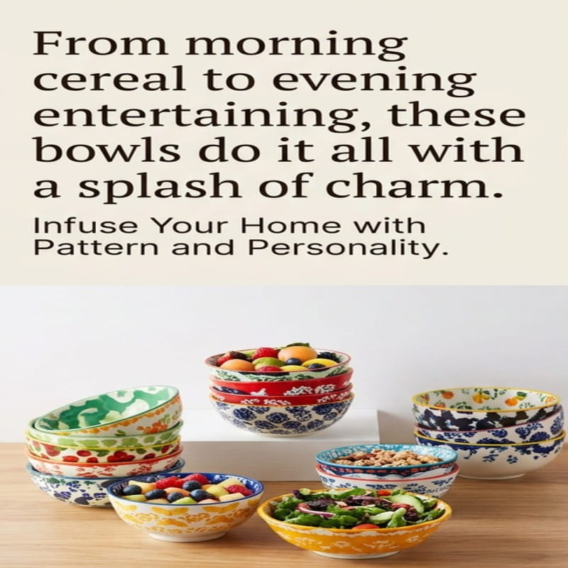 Colorful patterned bowls on a wooden surface with text about their versatility.