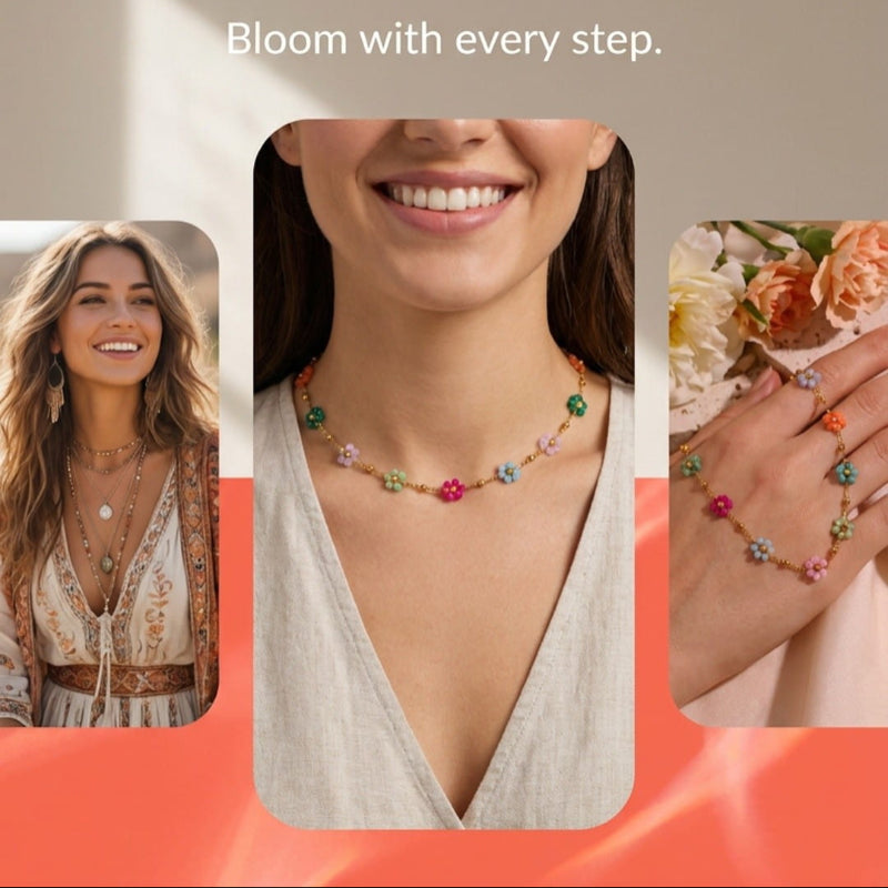 Promotional collage for a colorful beaded necklace collection, featuring a central close-up of a smiling woman wearing a pastel multicolor necklace, with two smaller inset photos showing the necklace styled on a model and on a hand. Large text reads 'ADD A BURST OF SUNSHINE TO YOUR EVERYDAY LOOK!' and 'Bloom with every step.