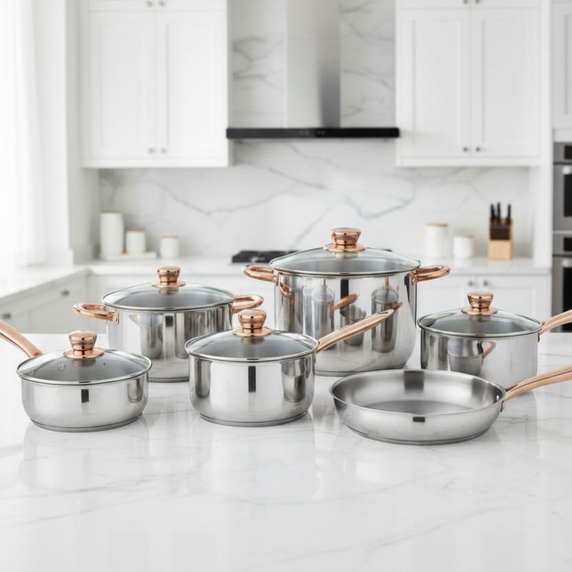 A set of stainless steel cookware pots and lids with shiny gold-toned handles and lids, arranged on a clean white background.