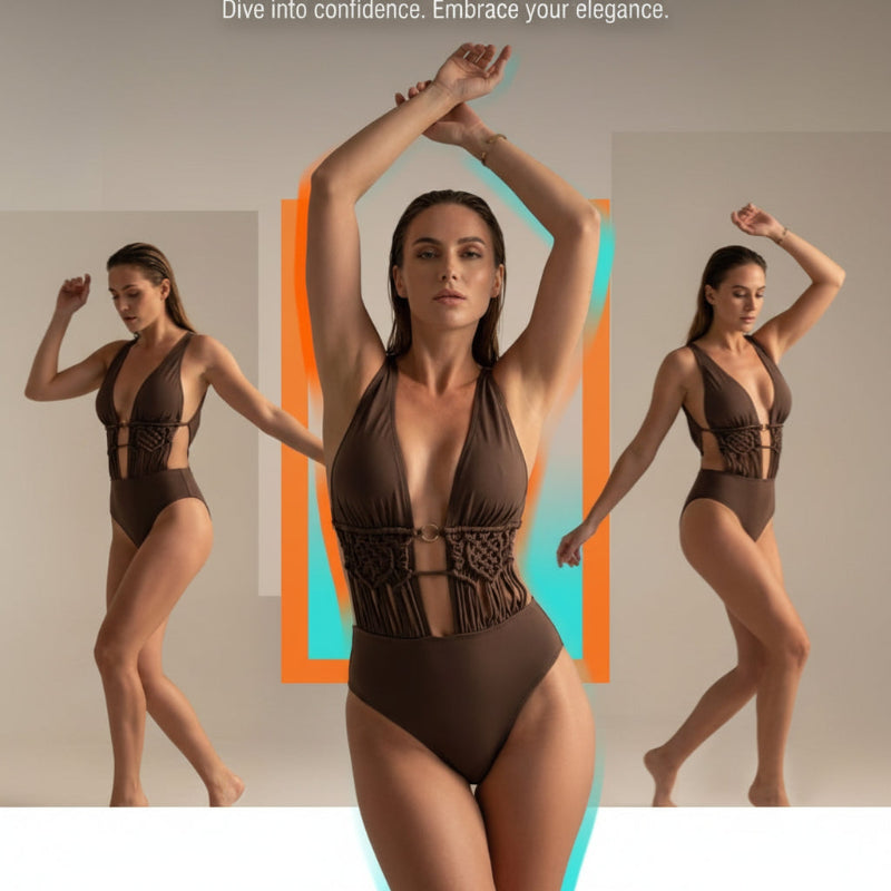 A promotional image for a women's one-piece swimsuit, featuring a central model in a brown halter-neck monokini with a textured waist panel, flanked by two mirrored side views. The background is a warm beige with white text at the top reading 'Your essential companion for sun-drenched getaways and poolside relaxation.