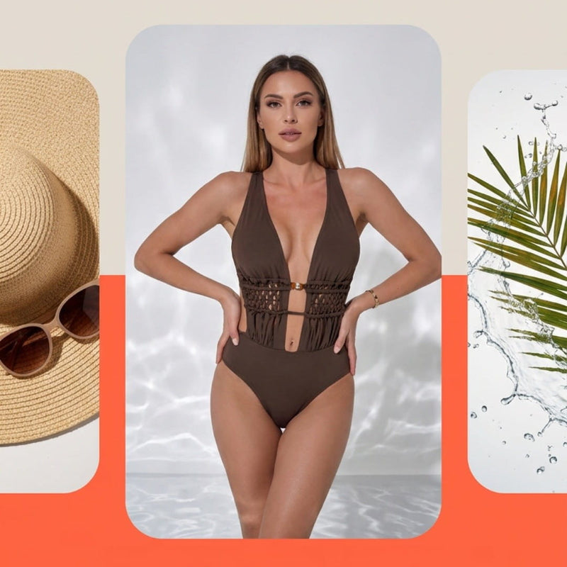 A promotional graphic for a women's one-piece swimsuit. A woman stands in front of a white water-textured background wearing a dark brown swimsuit with a deep V-neckline and side cutout details.
