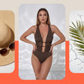 A promotional graphic for a women's one-piece swimsuit. A woman stands in front of a white water-textured background wearing a dark brown swimsuit with a deep V-neckline and side cutout details.