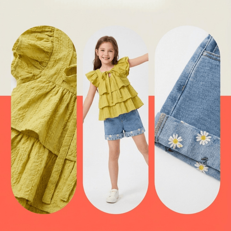 NOVA cute girls' summer clothing set for ages 7-11, featuring colorful top and shorts on a girl modeling the outfit.