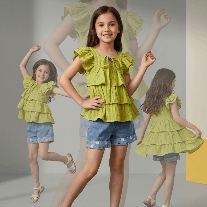 NOVA cute girls' summer clothing set for ages 7 to 11, featuring a colorful top and matching shorts, casual and comfortable.