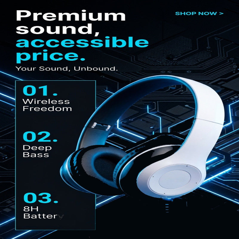Promotional graphic for over-ear headphones showing a white and black model on a dark circuit-board background with glowing blue lines. Large text reads 'Premium sound, accessible price.