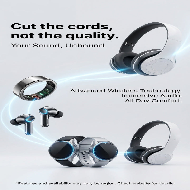 Promotional graphic for wireless earbuds and headphones from a smartwatch ecosystem, showing floating products with marketing text on a light gray background.