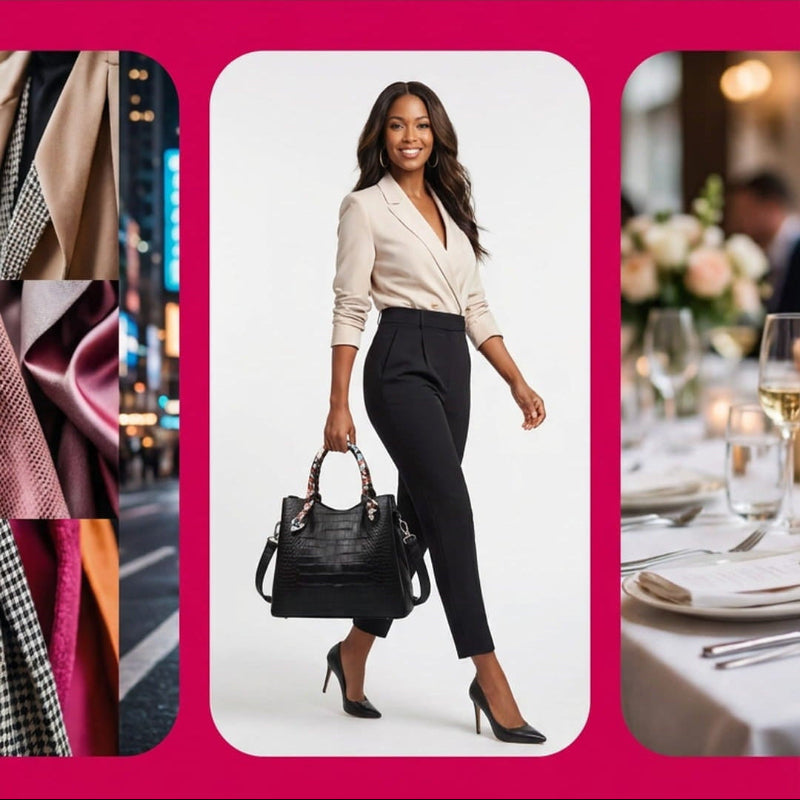 Promotional advertisement banner for a fashion companion product, featuring a woman in a beige blouse and black trousers carrying a black handbag, with text reading 'From boardroom to brunch, your perfect companion awaits.' and 'Elevate Your Everyday Style.