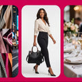 Promotional advertisement banner for a fashion companion product, featuring a woman in a beige blouse and black trousers carrying a black handbag, with text reading 'From boardroom to brunch, your perfect companion awaits.' and 'Elevate Your Everyday Style.