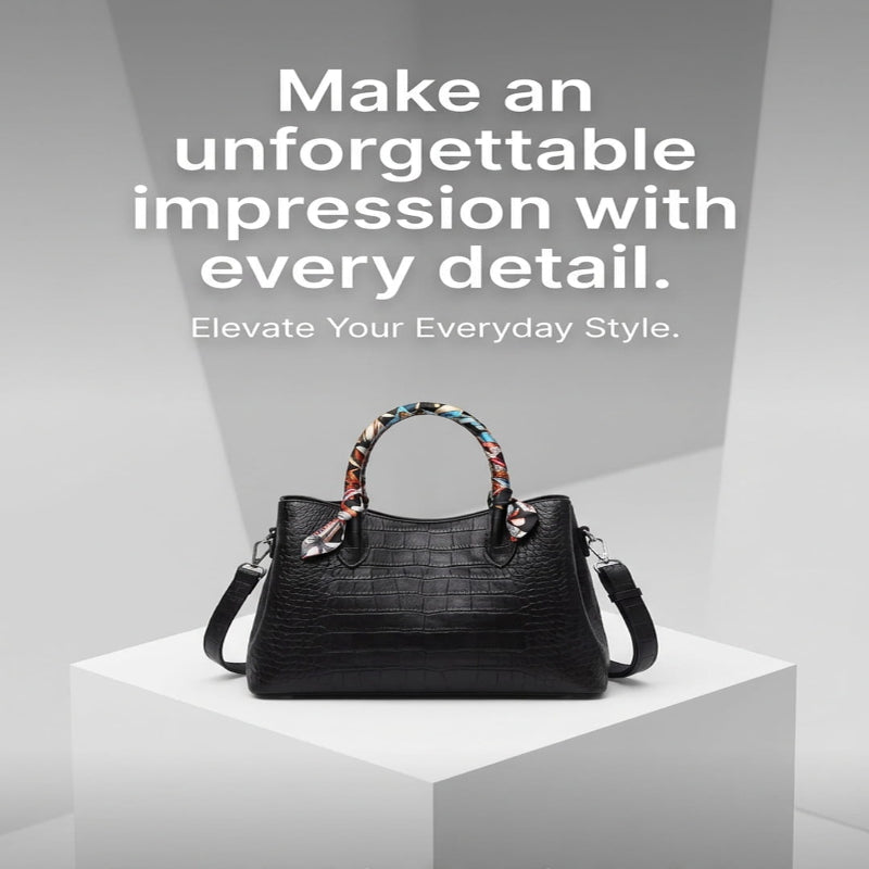 A black crocodile-embossed handbag with a patterned top handle sits on a white pedestal against a gray background, surrounded by promotional text about making an unforgettable impression with every detail.