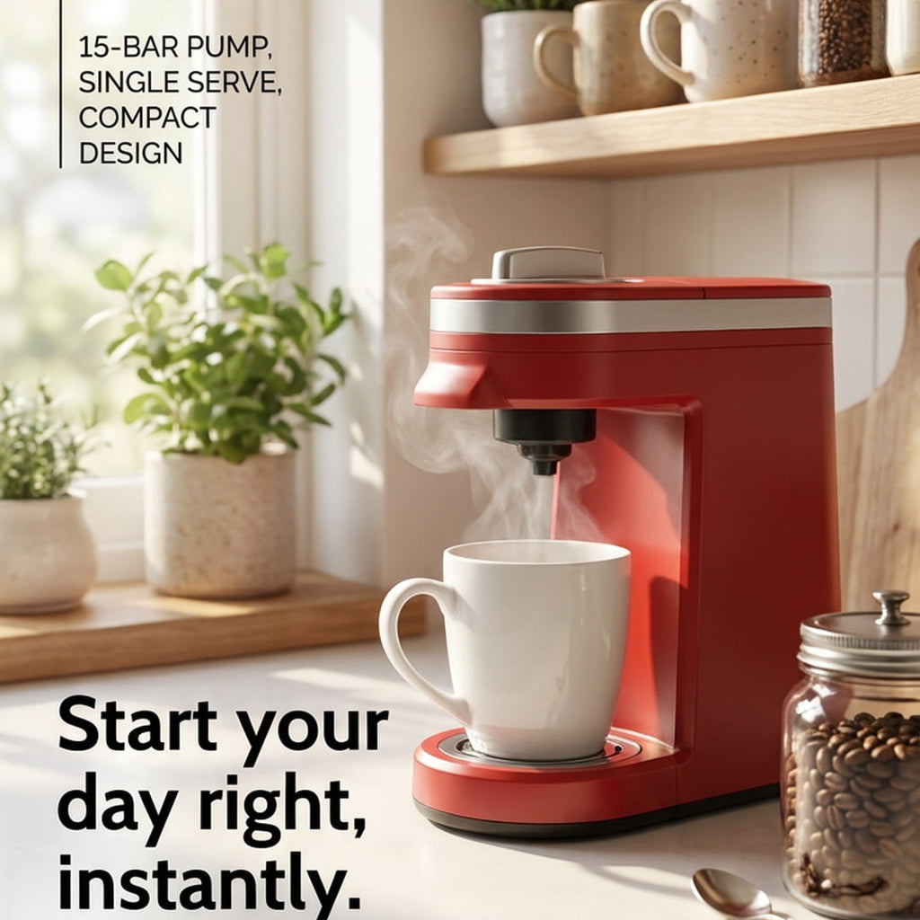 A red espresso machine labeled 'ESPRESSO MACHINE - MODEL R1' sits on a kitchen counter with a white mug under its spout. The scene includes wooden shelves with plants and jars, a window with soft light, and promotional text reading 'Start your day right, instantly.