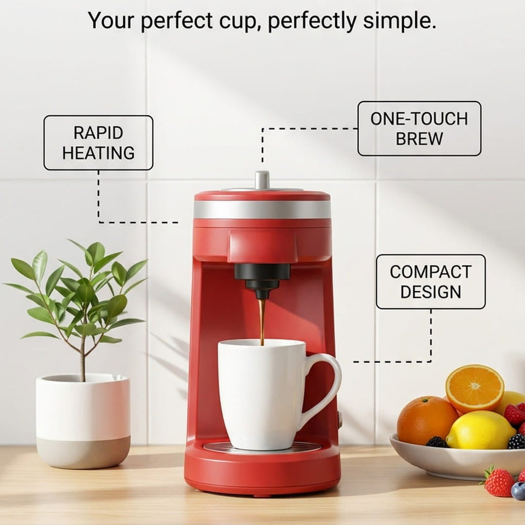 A red countertop coffee maker with a white cup under its dispensing area, shown in a clean kitchen-style setting with text callouts describing features like rapid heating, one-touch brew, compact design, instant brew, energy efficient, and easy cleaning.