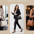 Promotional banner for a black quilted handbag, featuring a central model in a black blazer and trousers carrying the bag, with two smaller side images showing the bag in different settings. The text reads 'Transition seamlessly from office to evening with a single, stunning accessory.