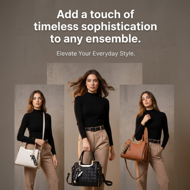 Three fashion models in matching black turtlenecks and beige trousers are shown holding three different handbags: a white shoulder bag, a black quilted top-handle bag, and a brown quilted shoulder bag. The image has a warm gray background with promotional text at the top reading, 'Add a touch of timeless sophistication to any ensemble.