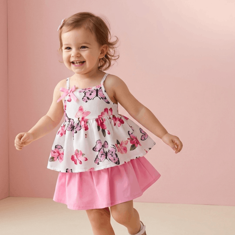NOVA Flowers girls summer dress for ages 1-3 with colorful floral pattern and sleeveless design, perfect for warm weather.
