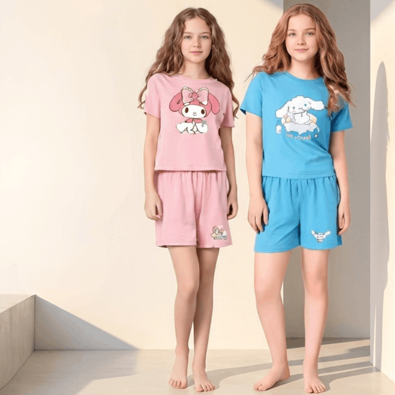 Girls cartoon casual pajama set by NOVA, featuring colorful cartoon prints, comfortable fabric, and suitable for ages 6 to 12 years.