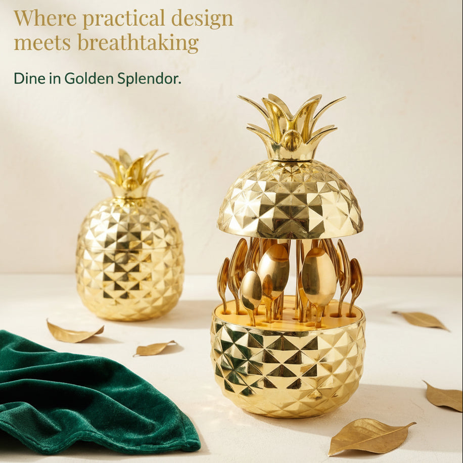 Two metallic gold pineapple-shaped utensil holders displayed on a light beige surface with a dark green velvet cloth. One holder is open, showing gold cutlery inside, and the other is closed.