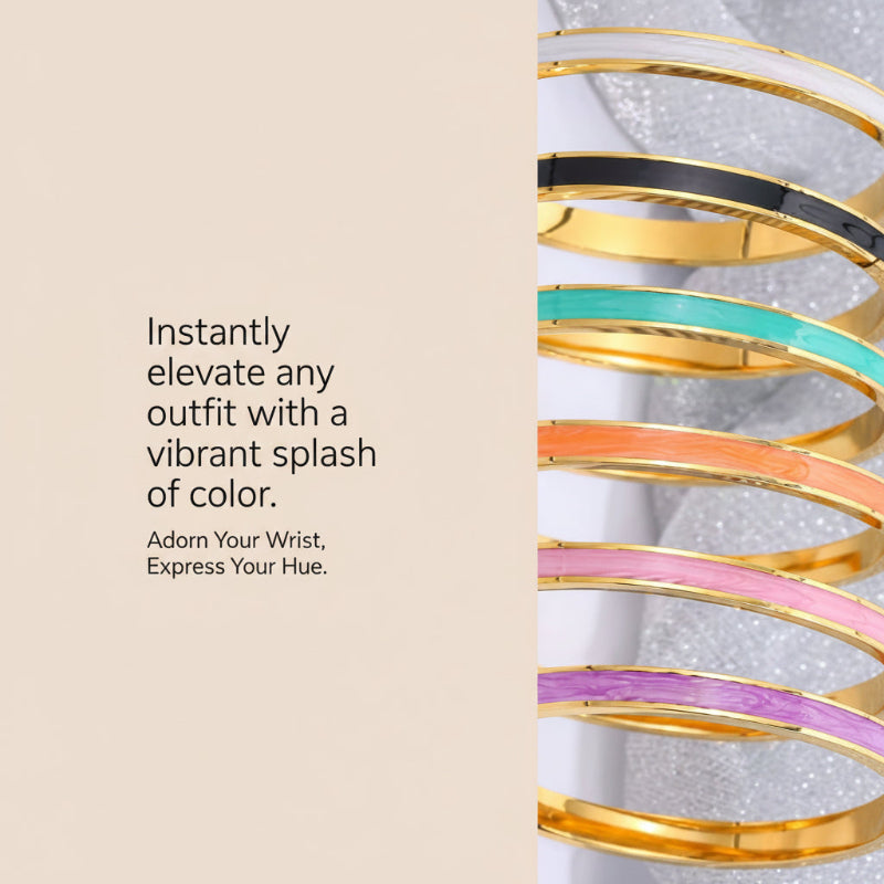 A promotional graphic showing several slim bangle bracelets stacked vertically on the right side, each with a different colored inlay (black, turquoise, orange, pink, purple) set in gold-toned metal. The left side has a beige panel with marketing text: 'Instantly elevate any outfit with a vibrant splash of color.