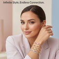 A woman in a light blazer poses indoors while wearing multiple delicate bracelets on her wrist. Large promotional text reads 'Celebrate bonds that last forever.